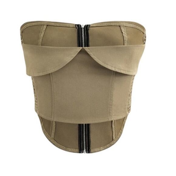 Micas Women's Medium Light Brown Foldover Smocked Side Zipper Tube Top - Picture 2 of 7